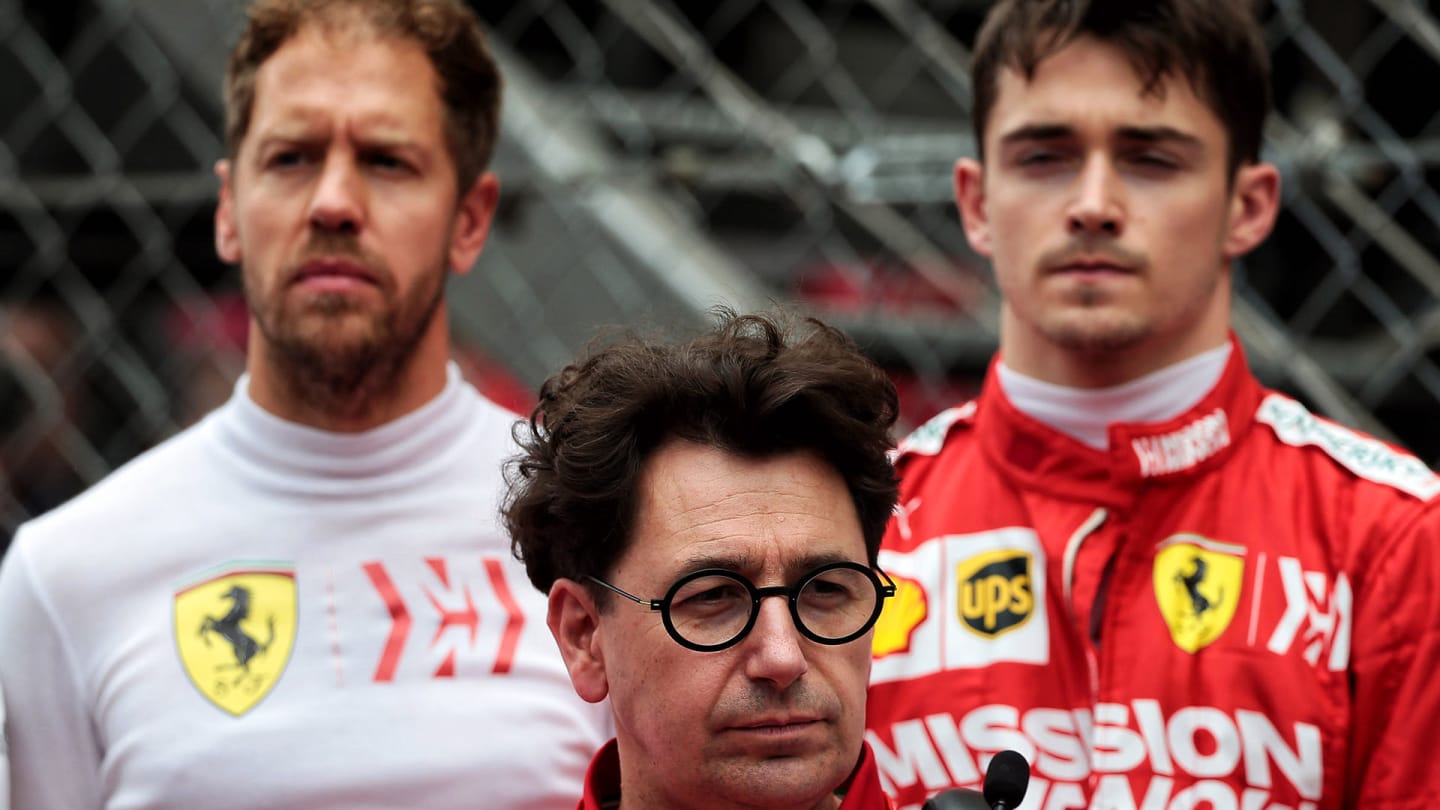 (L to R): Sebastian Vettel (GER) Ferrari; Mattia Binotto (ITA) Ferrari Team Principal; Charles