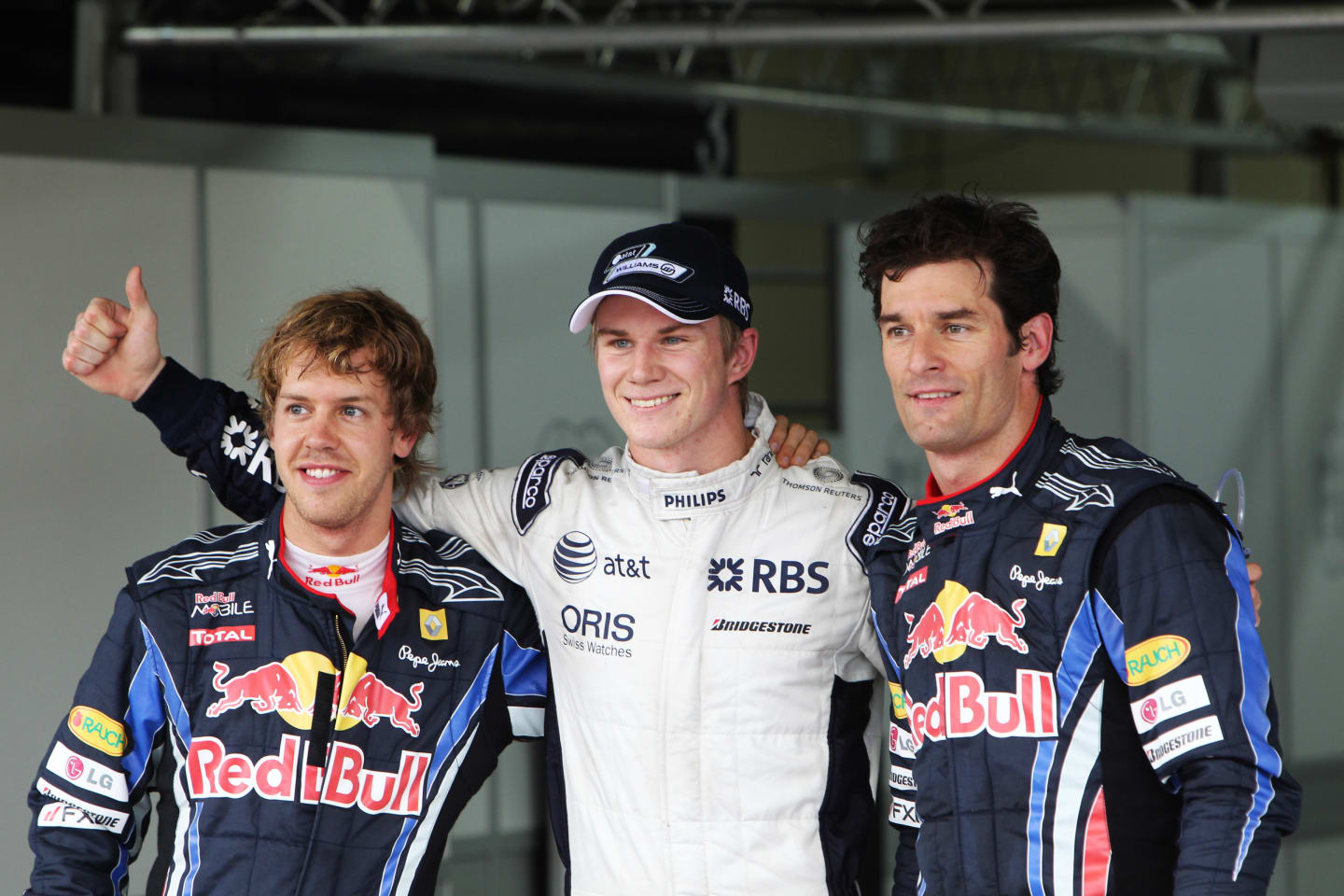 Pole sitter Nico Hulkenberg (GER) Williams , Sebastian Vettel (GER) Red Bull Racing and Mark Webber