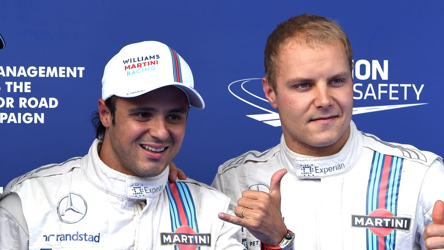 (L to R): Pole sitter Felipe Massa (BRA) Williams and Valtteri Bottas (FIN) Williams celebrate in