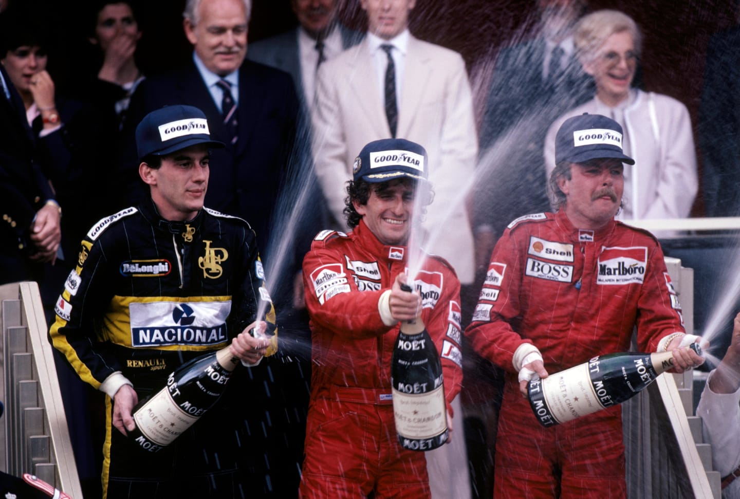 The podium finishers celebrate in front of the Principality Royalty (L to R): Ayrton Senna (BRA)