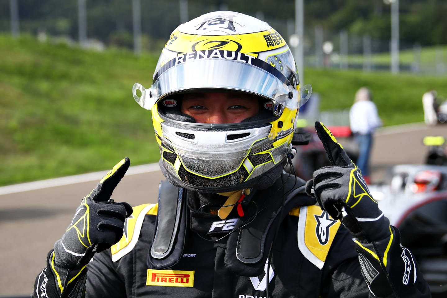 SPIELBERG, AUSTRIA - JULY 03: Guanyu Zhou of China and UNI-Virtuosi Racing celebrates getting pole