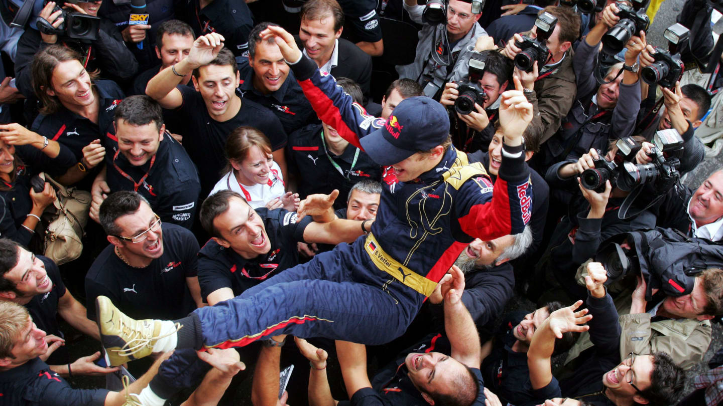 Sebastian Vettel (GER) Scuderia Toro Rosso celebrates his and the team's first GP victory.
Formula