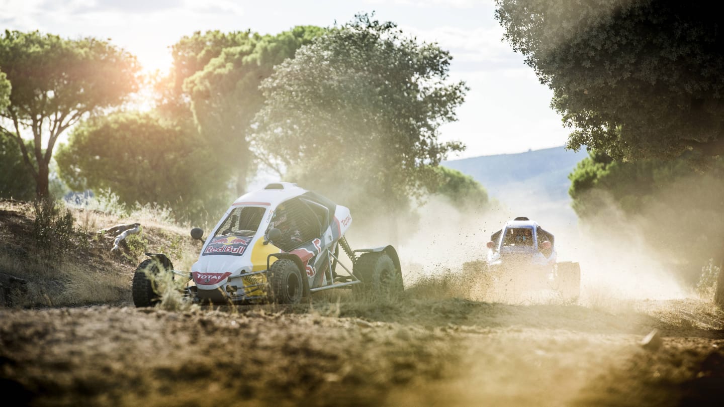 Carlos Sainz and Carlos Sainz Jr. perform at the rally circuit in Cebreros, Avila, Spain, on