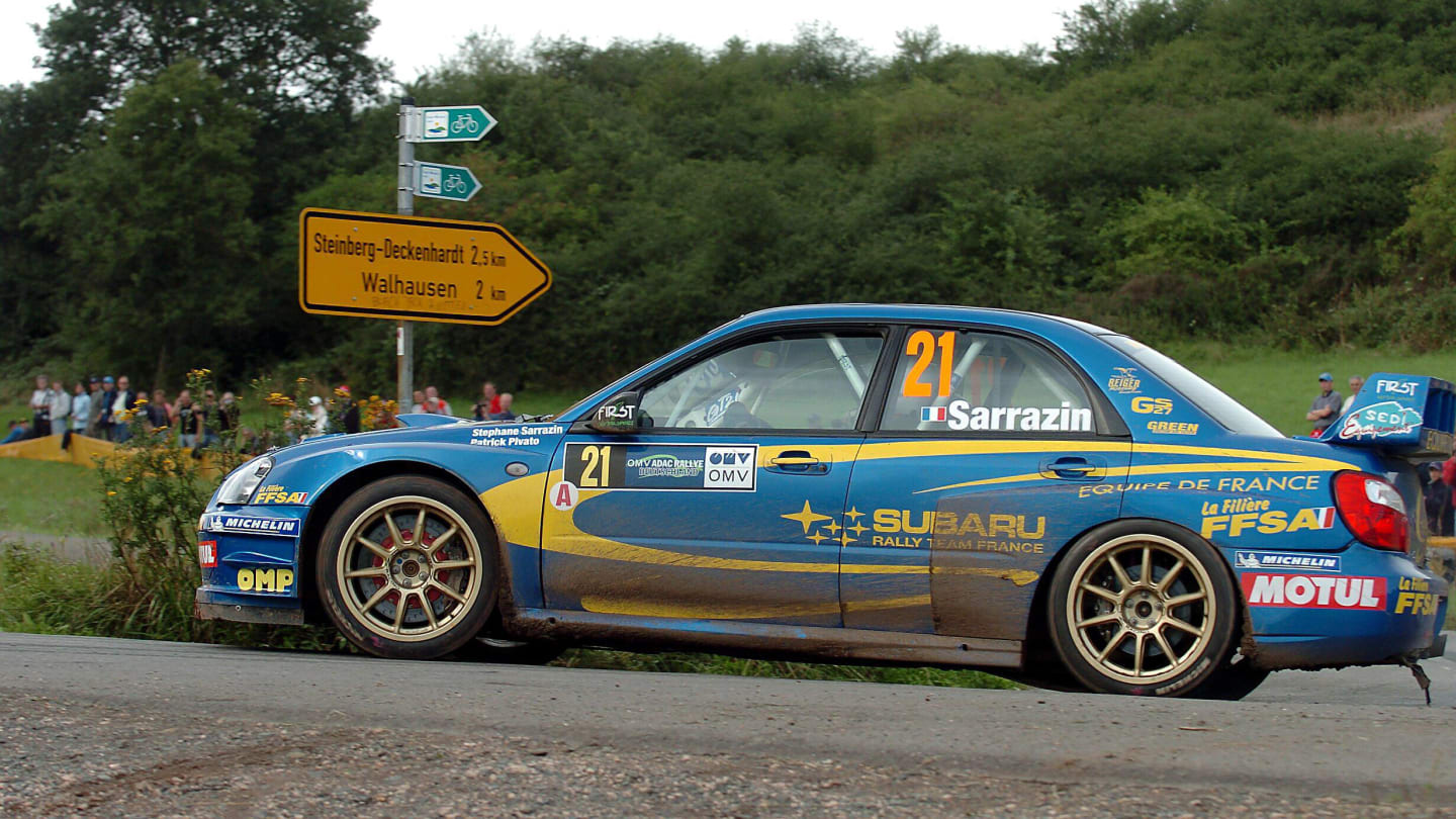 Former Minardi racer and Prost test driver Stephane Sarrazin competing in a Subaru Impreza