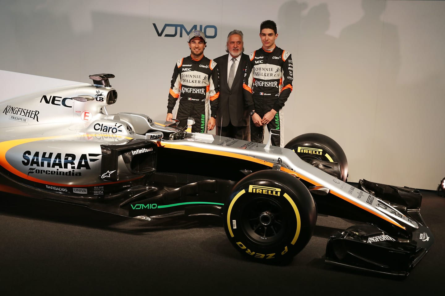 (L to R): Sergio Perez (MEX) with Dr. Vijay Mallya (IND) Sahara Force India F1 Team Owner and Esteban Ocon (FRA). Sahara Force India F1 VJM10 Launch, Wednesday 22nd February 2017. Silverstone, England. © Sahara Force India