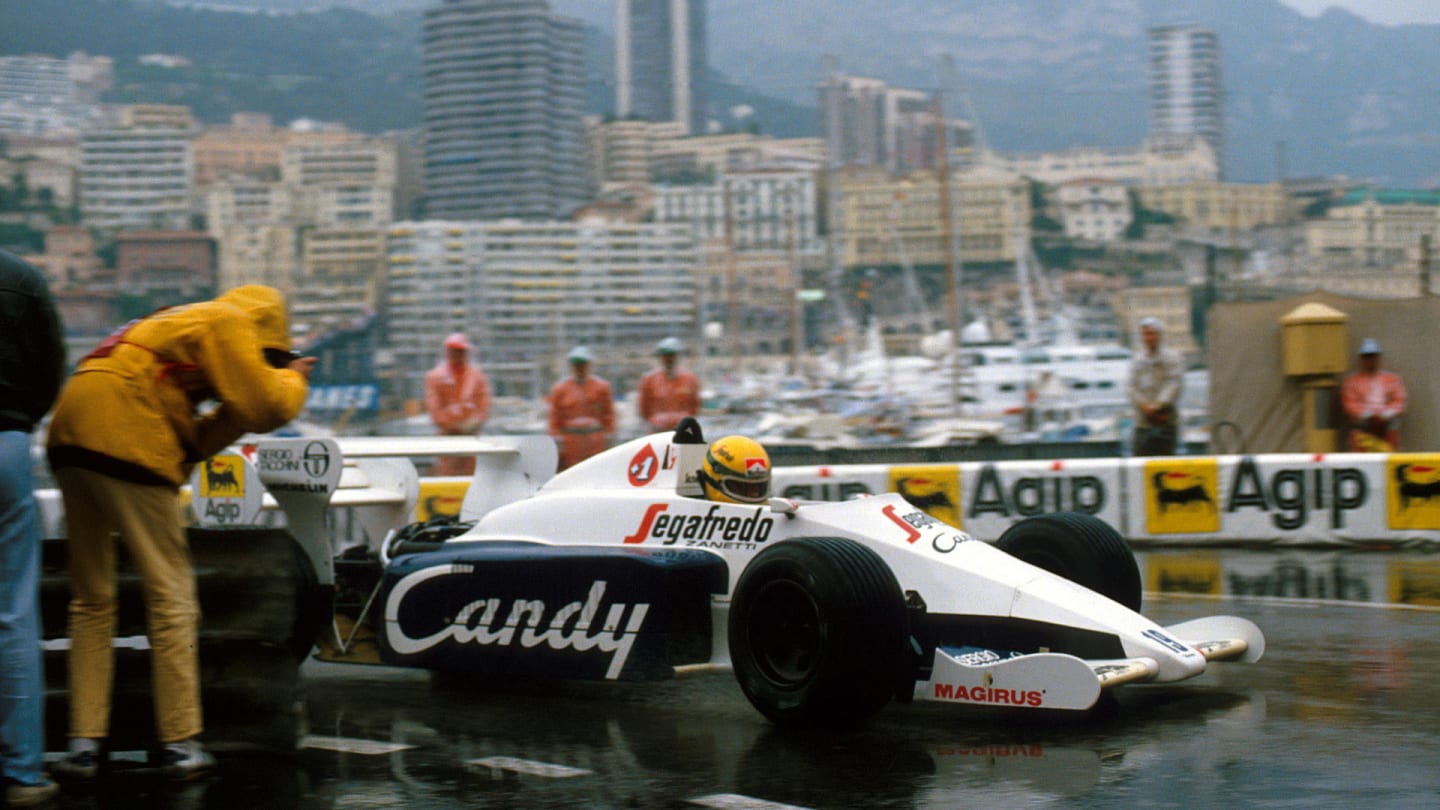 Ayrton Senna (BRA) Toleman TG184 stormed through to second place in a rain-soaked race and looked