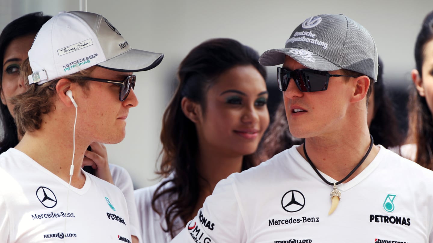 (L to R): Nico Rosberg (GER) Mercedes GP with team mate Michael Schumacher (GER) Mercedes GP on the
