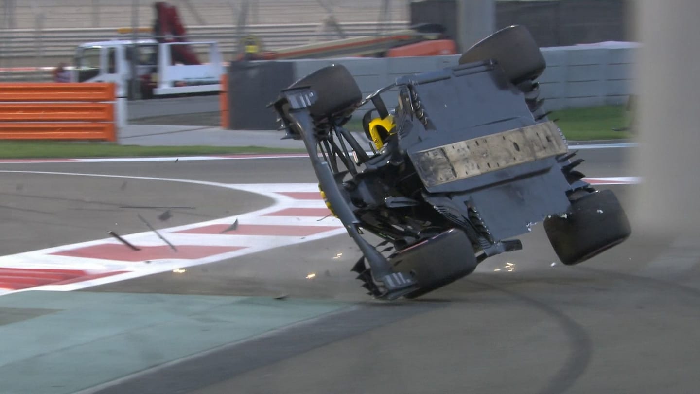 RACE: Hulkenberg barrel rolls into barriers after contact with Grosjean