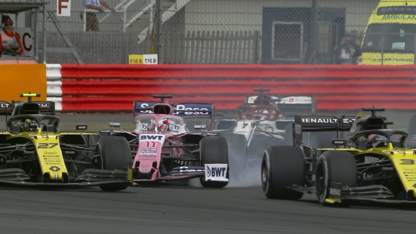 British GP: Perez loses front wing after Hulkenberg contact at restart