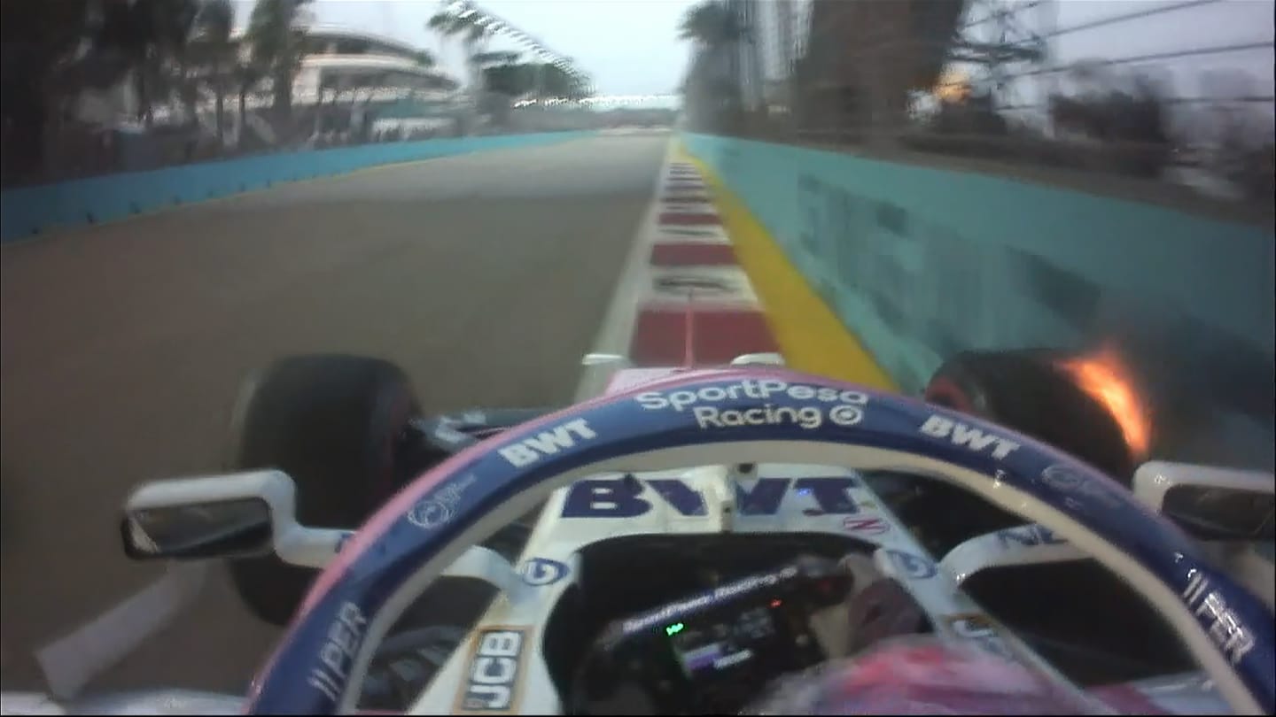 FP3: Perez's right-rear wheel hits the Turn 22 wall - hard!