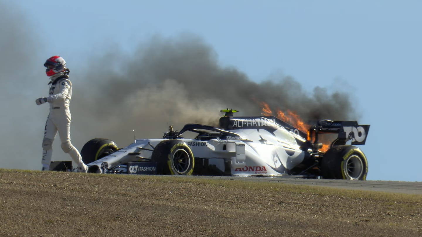 2020 Portuguese GP FP2: AlphaTauri inferno as Gasly catches fireon fire