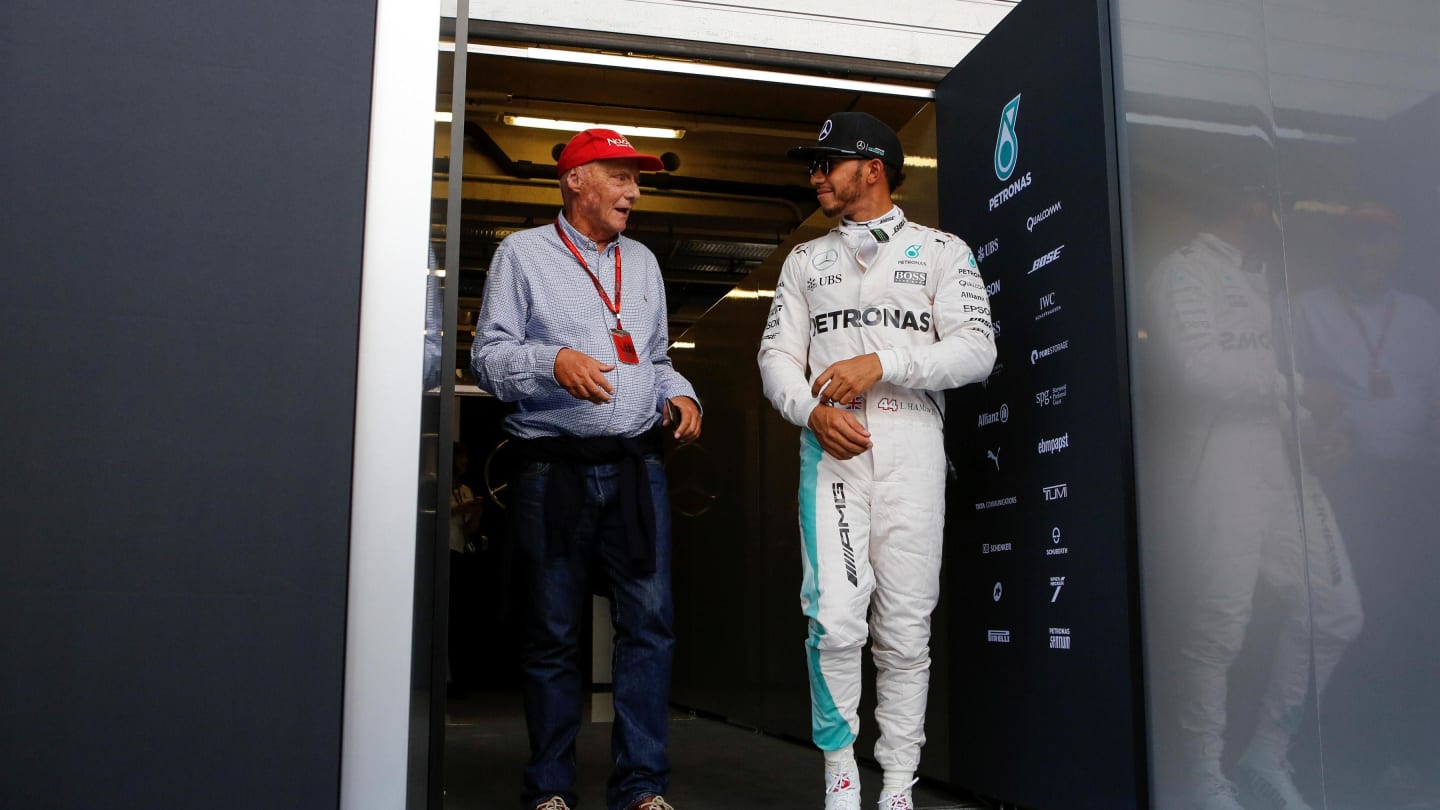 Niki Lauda (AUT) Mercedes AMG F1 Non-Executive Chairman and Lewis Hamilton (GBR) Mercedes AMG F1 at
