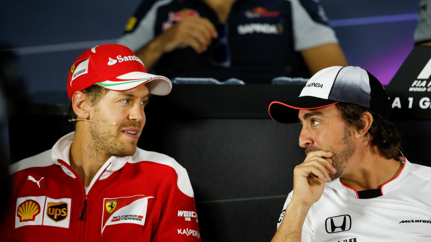 Sebastian Vettel (GER) Ferrari and Fernando Alonso (ESP) McLaren in the Press Conference at Formula