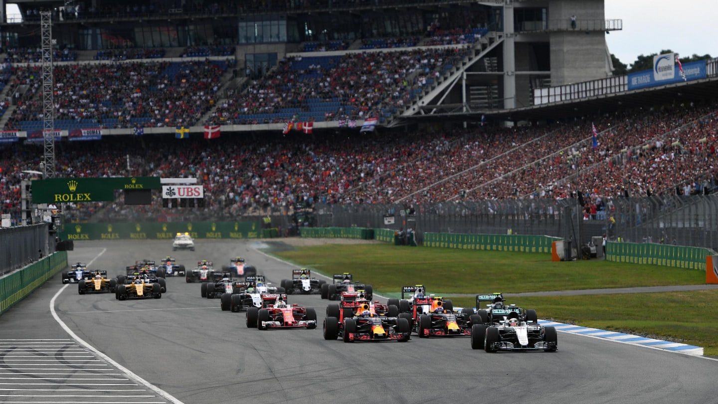 Lewis Hamilton (GBR) Mercedes-Benz F1 W07 Hybrid leads at the start of the race at Formula One