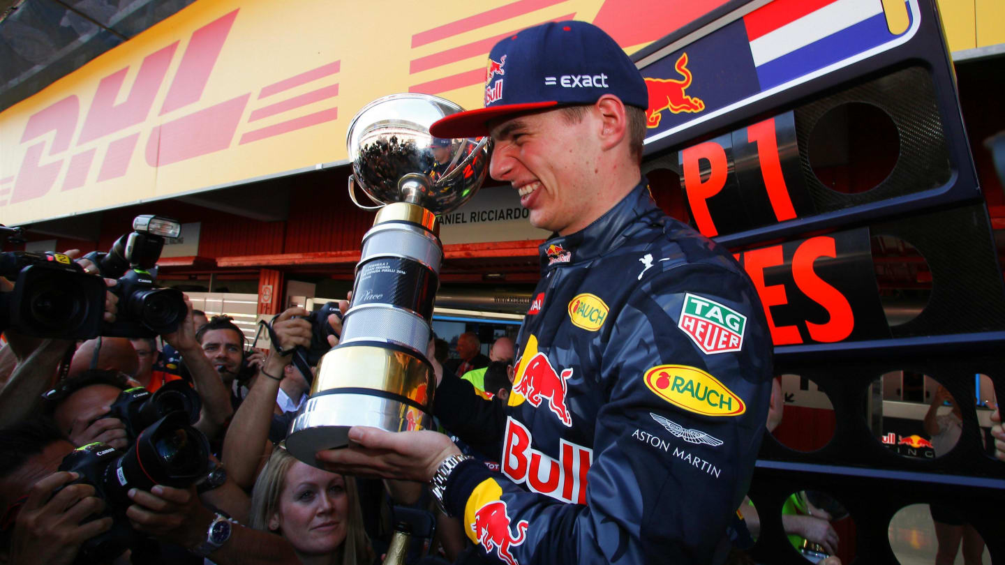 Race winner Max Verstappen (NED) Red Bull Racing celebrates with the trophy at Formula One World