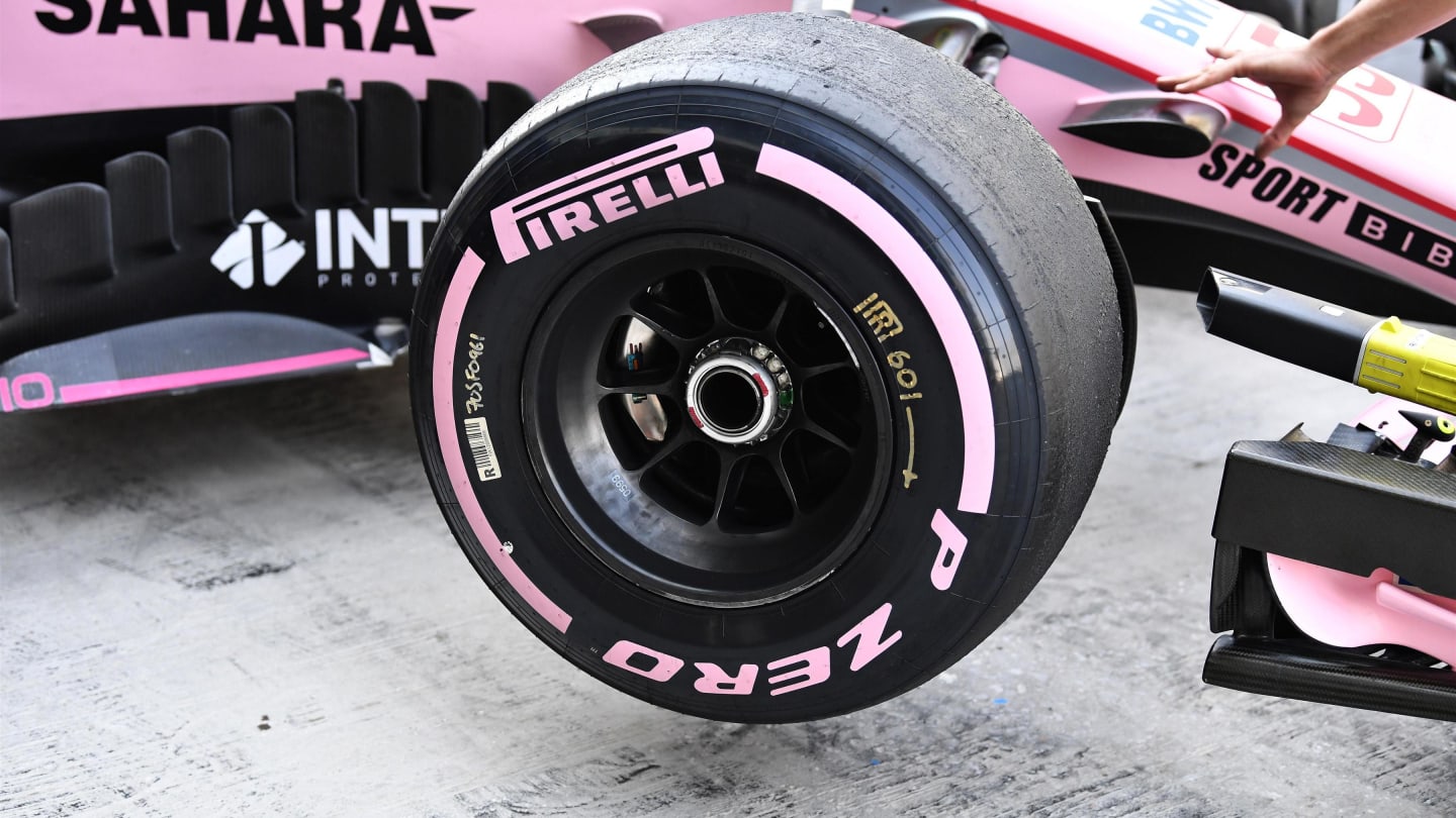 Hypersoft 2018 Pirelli tyre detail of Nikita Mazepin (RUS) Force India VJM10 at Formula One