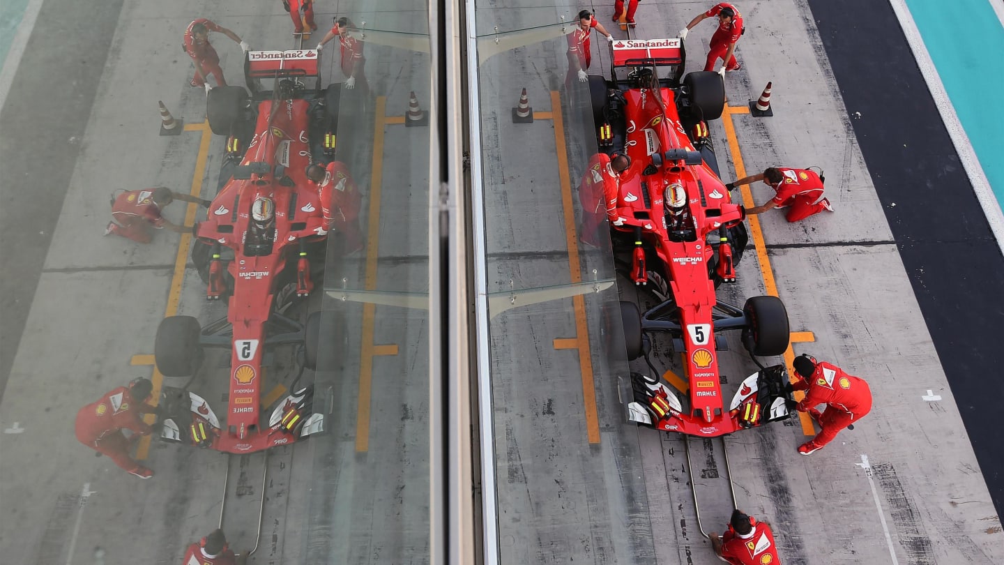 Sebastian Vettel (GER) Ferrari SF70-H makes a practice pitstop at Formula One Testing, Day Two, Yas