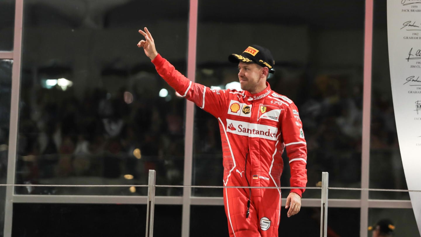 Sebastian Vettel (GER) Ferrari celebrates on the podium at Formula One World Championship, Rd20, Abu Dhabi Grand Prix, Race, Yas Marina Circuit, Abu Dhabi, UAE, Sunday 26 November 2017. © Manuel Goria/Sutton Images