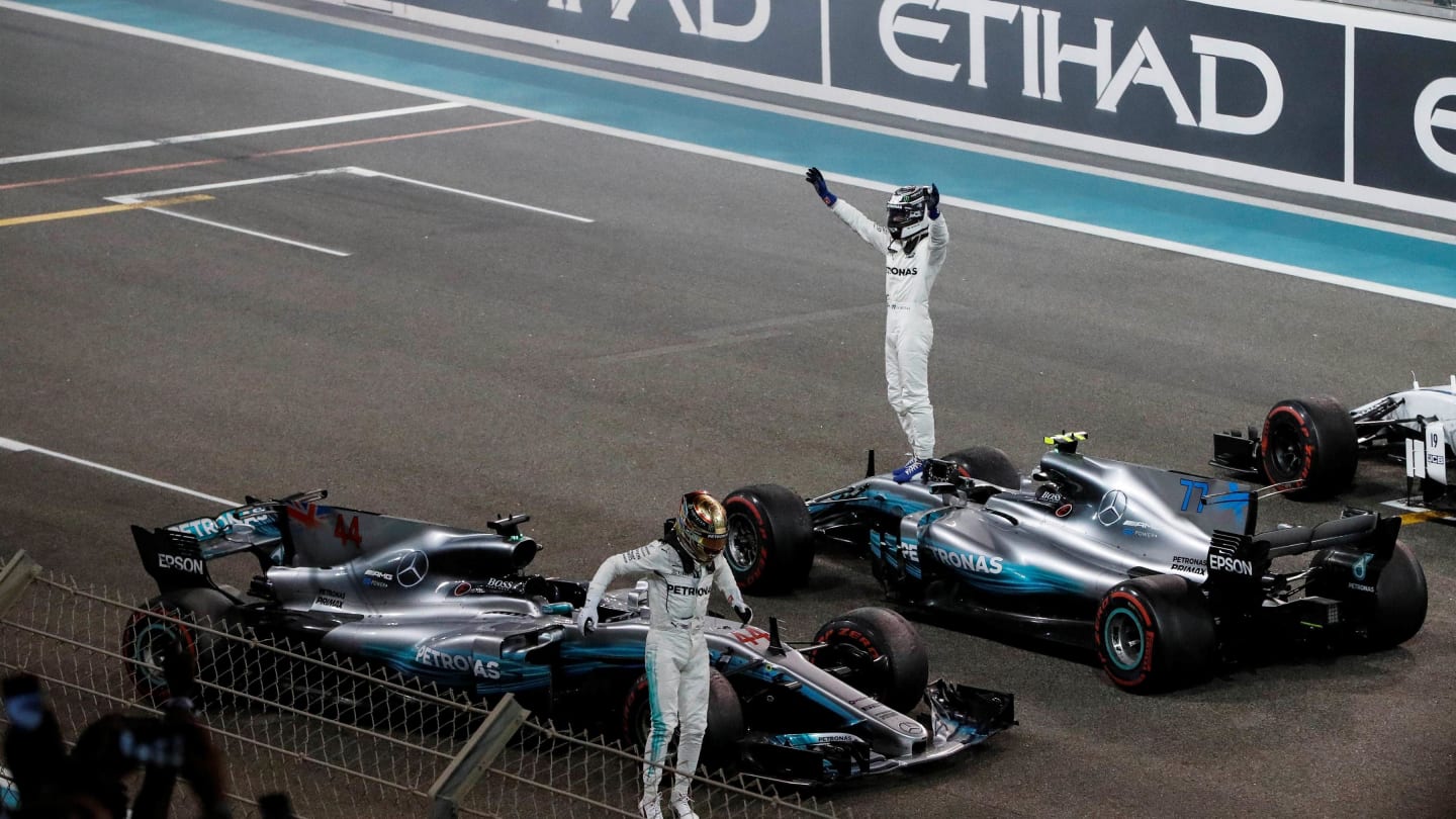 Lewis Hamilton (GBR) Mercedes-Benz F1 W08 Hybrid and Valtteri Bottas (FIN) Mercedes-Benz F1 W08 Hybrid celebrate in parc ferme at Formula One World Championship, Rd20, Abu Dhabi Grand Prix, Race, Yas Marina Circuit, Abu Dhabi, UAE, Sunday 26 November 2017. © James Gasperotti/Sutton Images