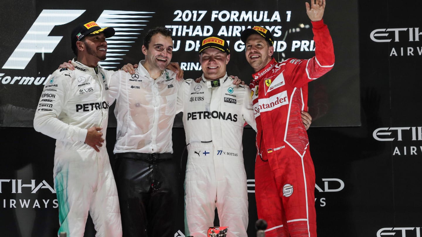 Lewis Hamilton (GBR) Mercedes AMG F1, Valtteri Bottas (FIN) Mercedes AMG F1 and Sebastian Vettel