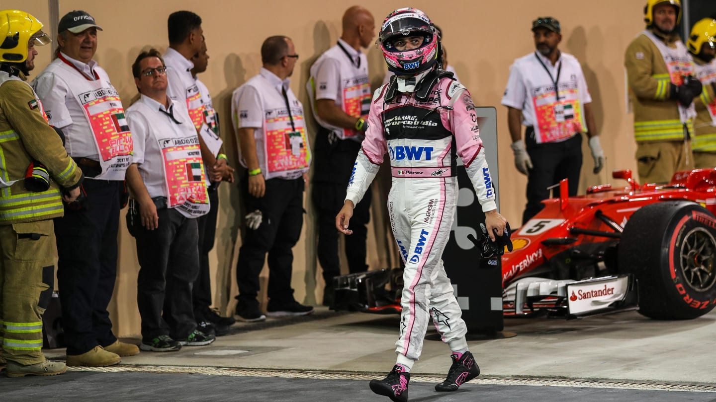 Sergio Perez (MEX) Force India in parc ferme at Formula One World Championship, Rd20, Abu Dhabi Grand Prix, Race, Yas Marina Circuit, Abu Dhabi, UAE, Sunday 26 November 2017. © Kym Illman/Sutton Images