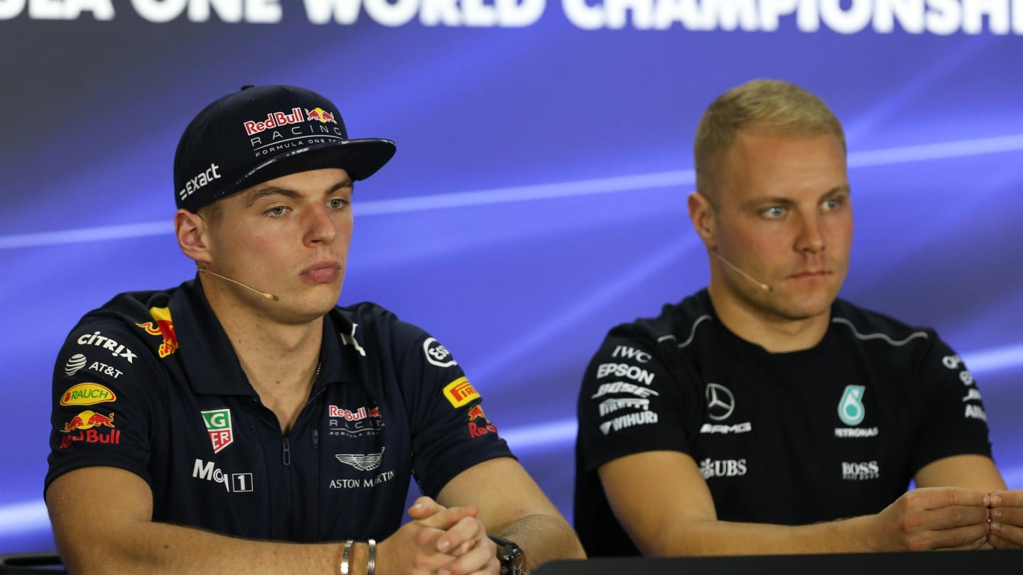 Verstappen (NED) Red Bull Racing and Bottas (FIN) Mercedes AMG F1 in the Press Conference at Formula One World Championship, Rd20, Abu Dhabi Grand Prix, Preparations, Yas Marina Circuit, Abu Dhabi, UAE, Thursday 23 November 2017. © Lionel Ng/Sutton Images