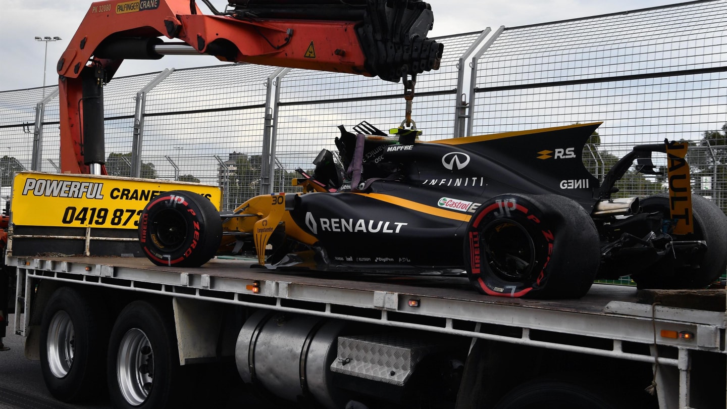 The crashed car of Jolyon Palmer (GBR) Renault Sport F1 Team RS17 is recovered in FP2 at Formula One World Championship, Rd1, Australian Grand Prix, Practice, Albert Park, Melbourne, Australia, Friday 24 March 2017. © Sutton Motorsport Images