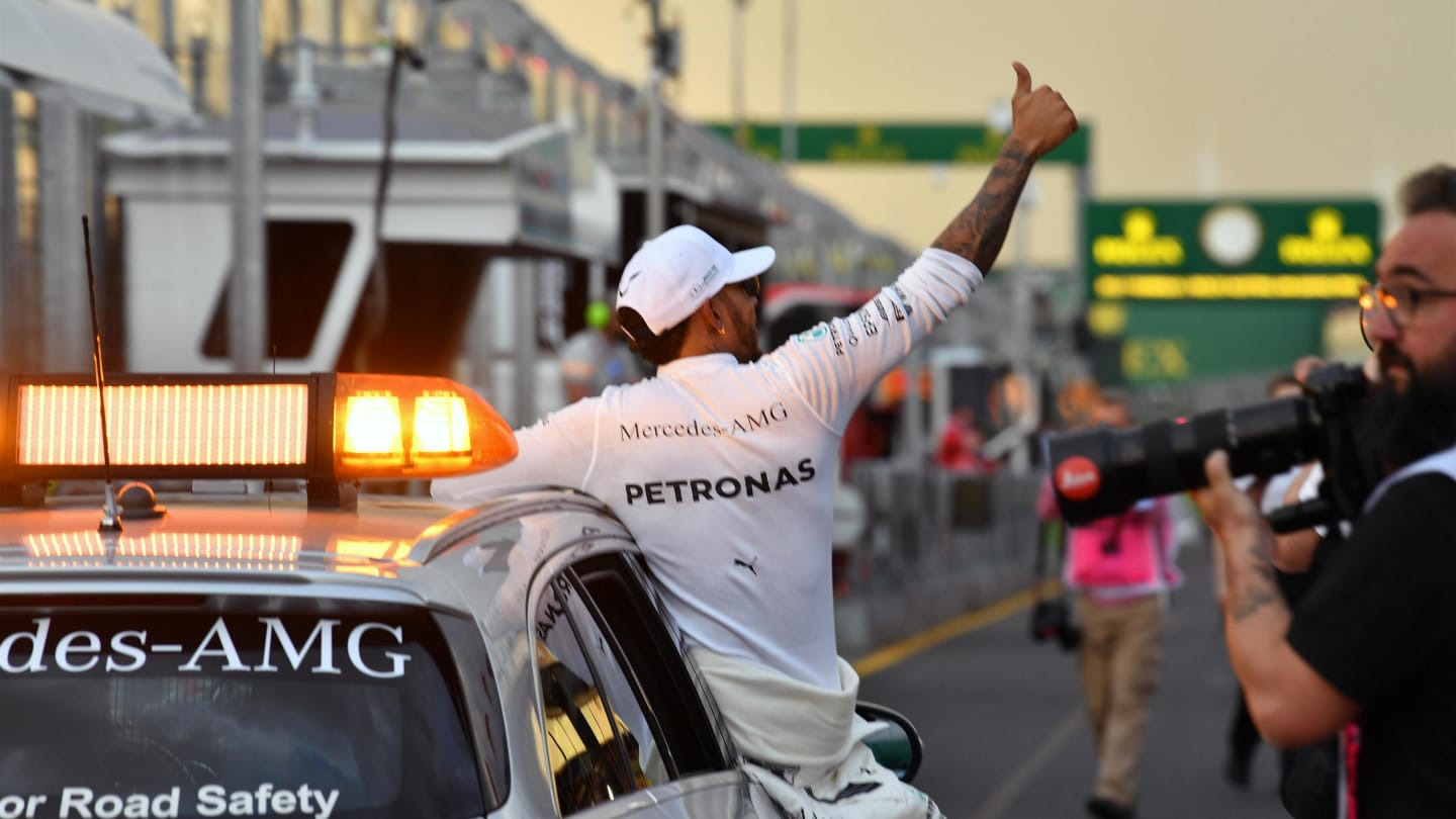 Pole sitter Lewis Hamilton (GBR) Mercedes AMG F1 celebrates with the Safety Car in parc ferme at Formula One World Championship, Rd1, Australian Grand Prix, Qualifying, Albert Park, Melbourne, Australia, Saturday 25 March 2017. © Sutton Motorsport Images