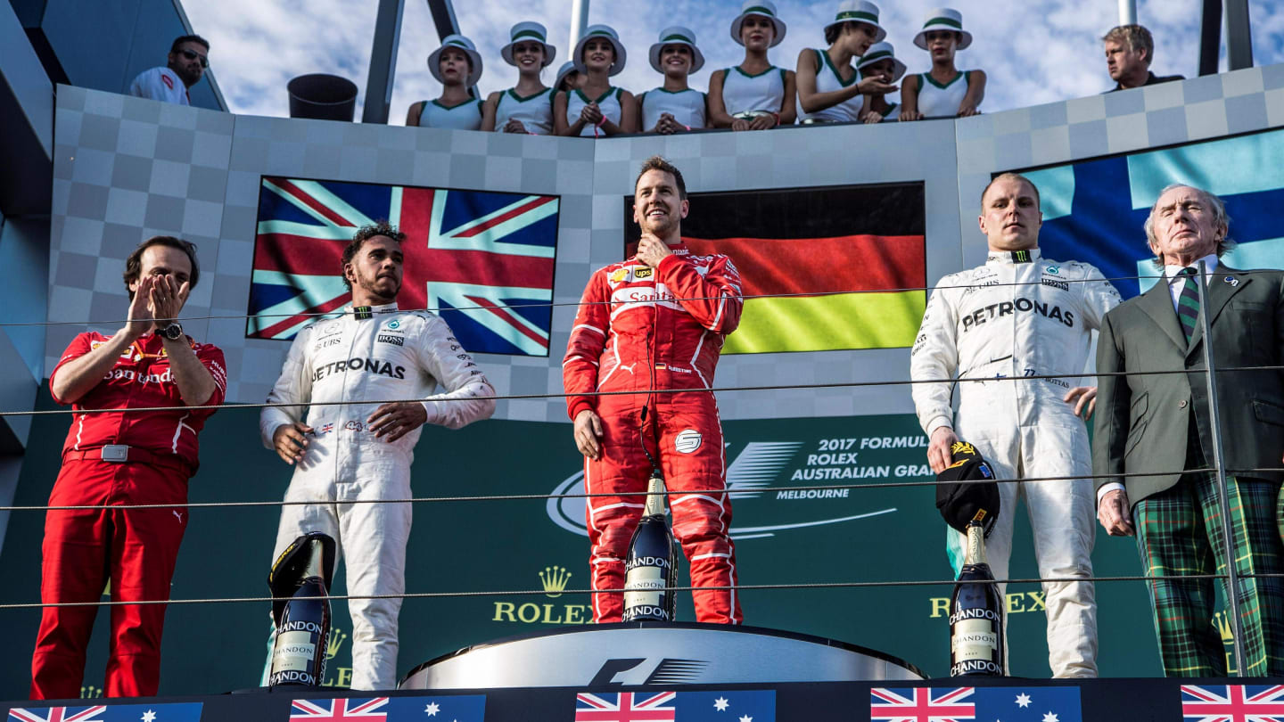 Race winners Ferrari and Mercedes AMG F1 celebrate on the podium with Jackie Stewart (GBR) at Formula One World Championship, Rd1, Australian Grand Prix, Race, Albert Park, Melbourne, Australia, Sunday 26 March 2017. © Sutton Motorsport Images