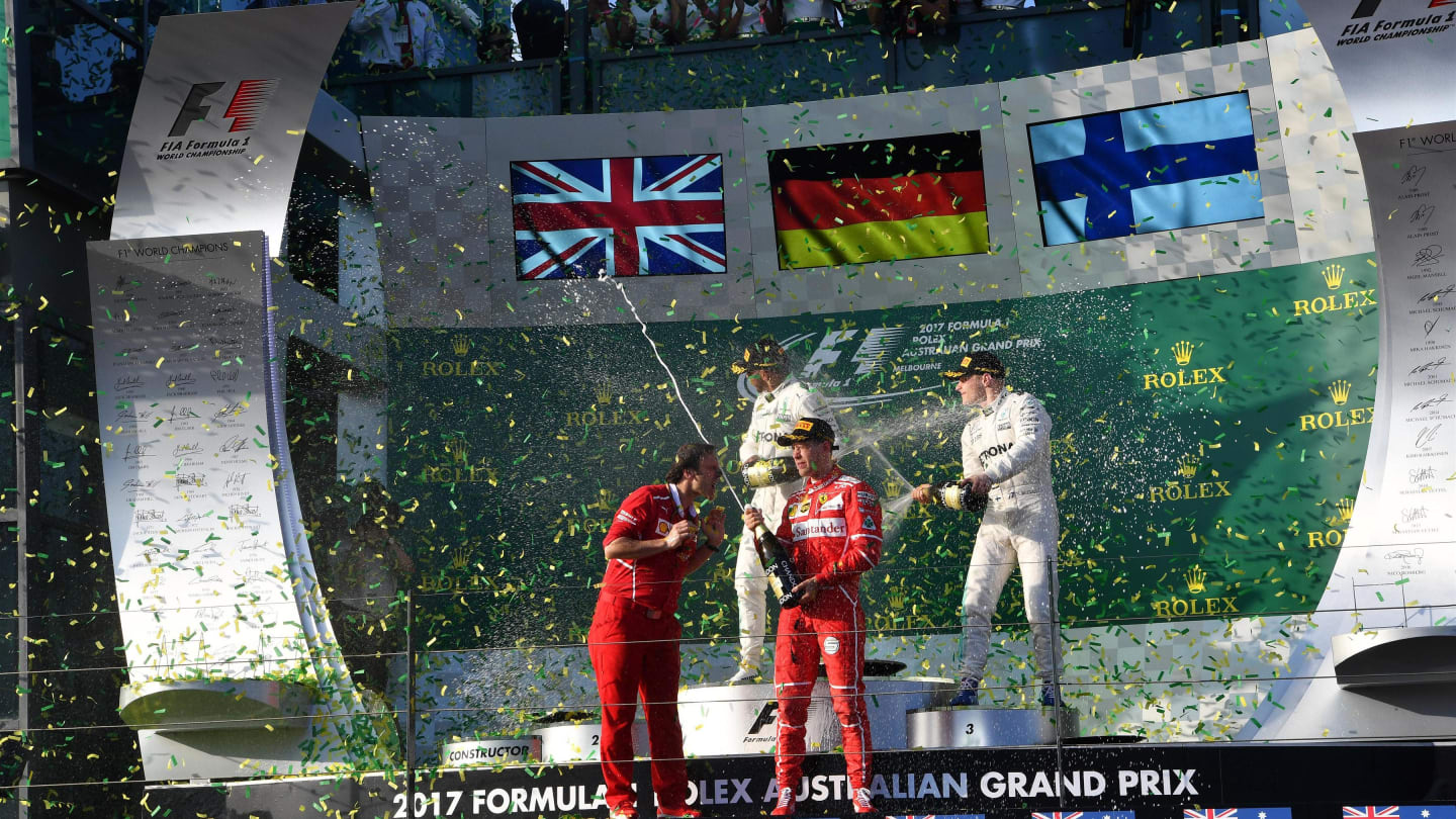 podium celebrations with the champagne at Formula One World Championship, Rd1, Australian Grand Prix, Race, Albert Park, Melbourne, Australia, Sunday 26 March 2017. © Sutton Motorsport Images