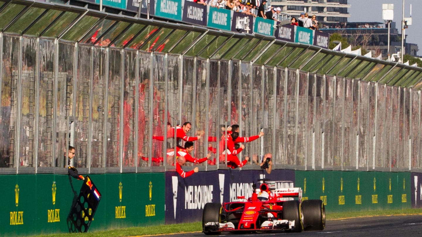 Race winner Sebastian Vettel (GER) Ferrari SF70-H crosses the line at Formula One World Championship, Rd1, Australian Grand Prix, Race, Albert Park, Melbourne, Australia, Sunday 26 March 2017. © Sutton Motorsport Images