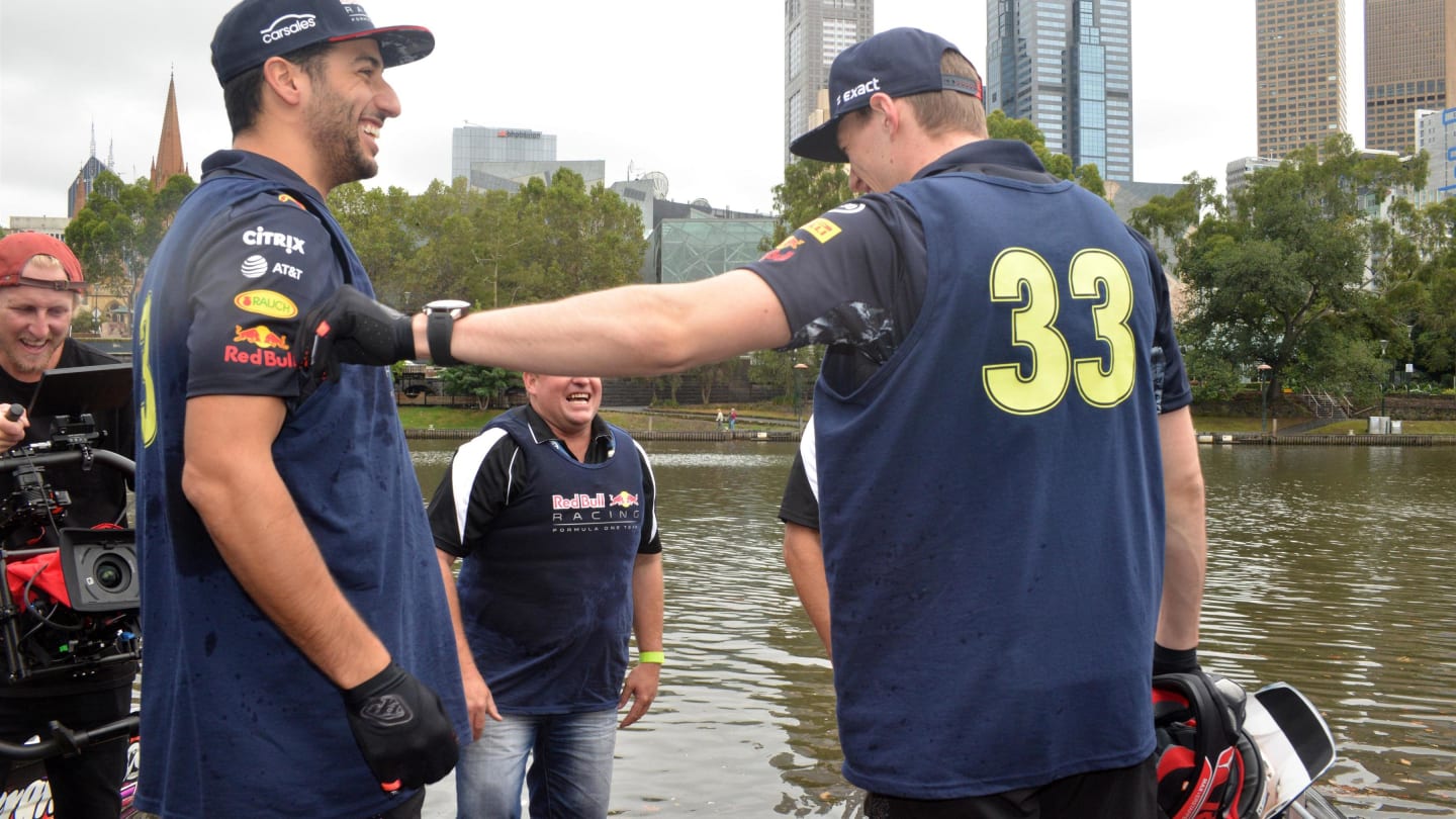 Daniel Ricciardo (AUS) Red Bull Racing and Max Verstappen (NED) Red Bull Racing take part in a dinghy race on the Yarra River at Formula One World Championship, Australian Grand Prix, Melbourne, Australia, Wednesday 22 March 2017. ©Sutton Motorsport Images