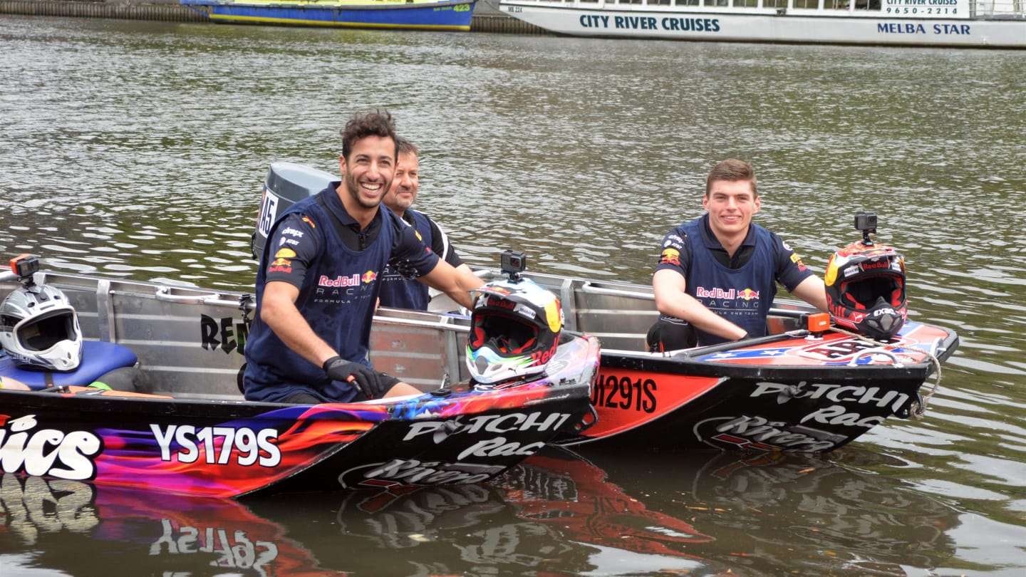 Daniel Ricciardo (AUS) Red Bull Racing and Max Verstappen (NED) Red Bull Racing take part in a dinghy race on the Yarra River at Formula One World Championship, Australian Grand Prix, Melbourne, Australia, 22 March 2017. ©Sutton Motorsport Images