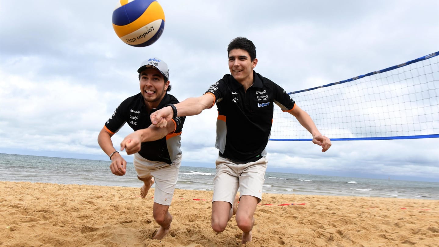 Sergio Perez (MEX) Force India and Esteban Ocon (FRA) Force India F1 play Beach Volleyball at Formula One World Championship, Rd1, Australian Grand Prix, Preparations, Albert Park, Melbourne, Australia, Wednesday 22 March 2017. © Sutton Motorsport Images