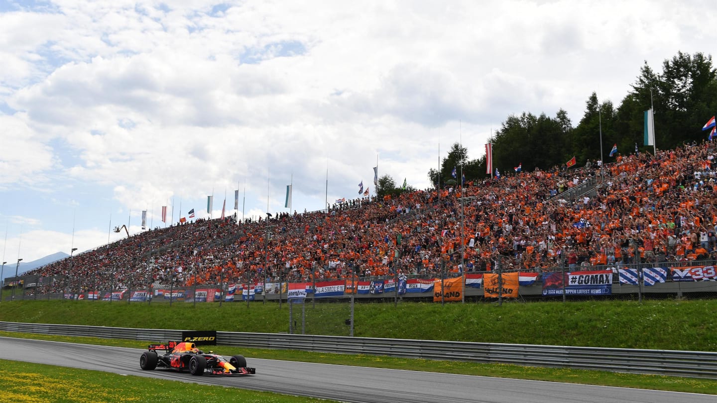 Max Verstappen (NED) Red Bull Racing RB13 passes his Dutch fans in the grandstand at Formula One