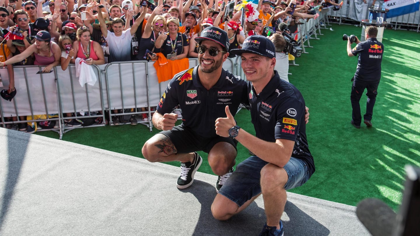 Daniel Ricciardo (AUS) Red Bull Racing and Max Verstappen (NED) Red Bull Racing at Formula One