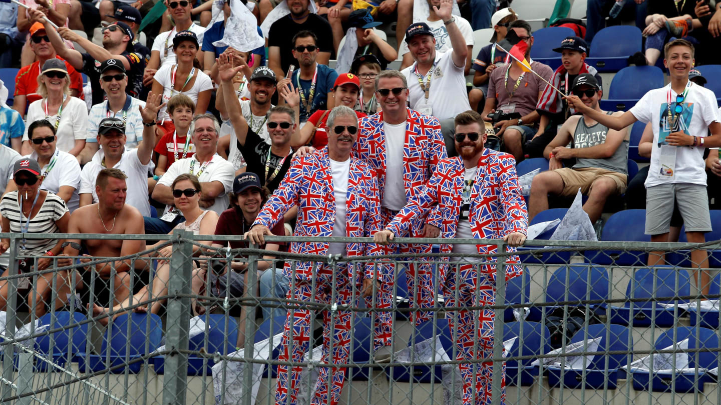 Fans with Union Jack Flag in the grandstand at Formula One World Championship, Rd9, Austrian Grand Prix, Race, Spielberg, Austria, Sunday 9 July 2017. © Sutton Images