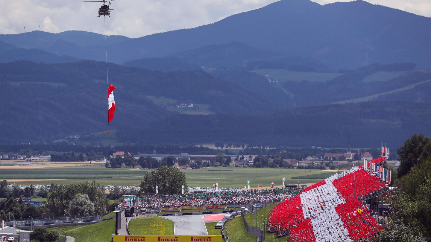 Helicopter with Austrian flag and grandstand at Formula One World Championship, Rd9, Austrian Grand Prix, Race, Spielberg, Austria, Sunday 9 July 2017. © Sutton Images