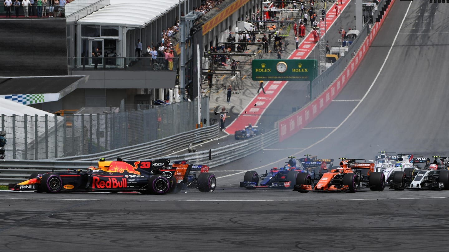 Max Verstappen (NED) Red Bull Racing RB13 collides at the start of the race at Formula One World Championship, Rd9, Austrian Grand Prix, Race, Spielberg, Austria, Sunday 9 July 2017. © Sutton Images
