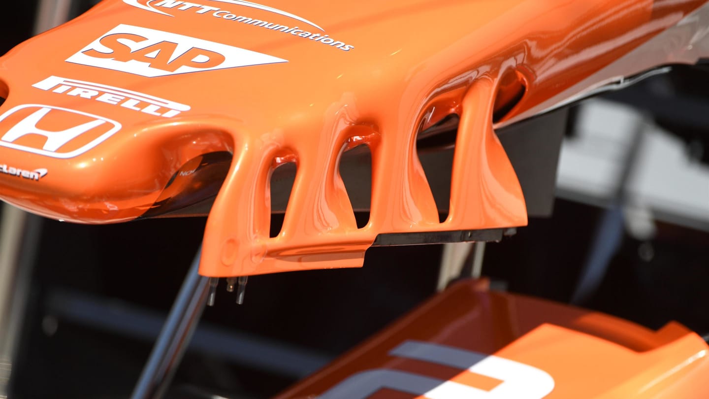 McLaren MCL32 nose wing detail at Formula One World Championship, Rd9, Austrian Grand Prix, Preparations, Spielberg, Austria, Thursday 6 July 2017. © Sutton Images