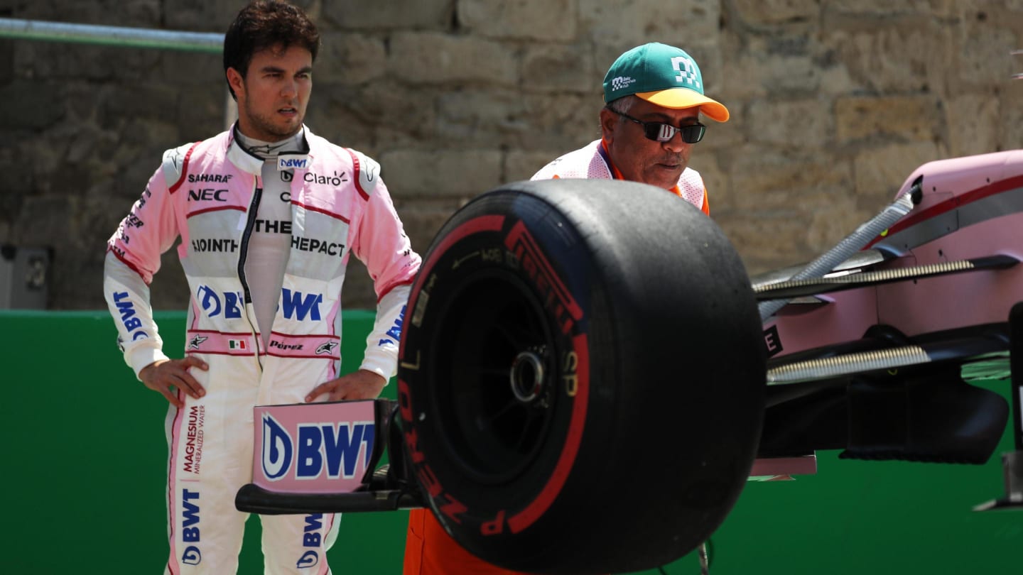 Sergio Perez (MEX) Force India VJM10 crashed in FP1 at Formula One World Championship, Rd8, Azerbaijan Grand Prix, Practice, Baku City Circuit, Baku, Azerbaijan, Friday 23 June 2017. © Sutton Images