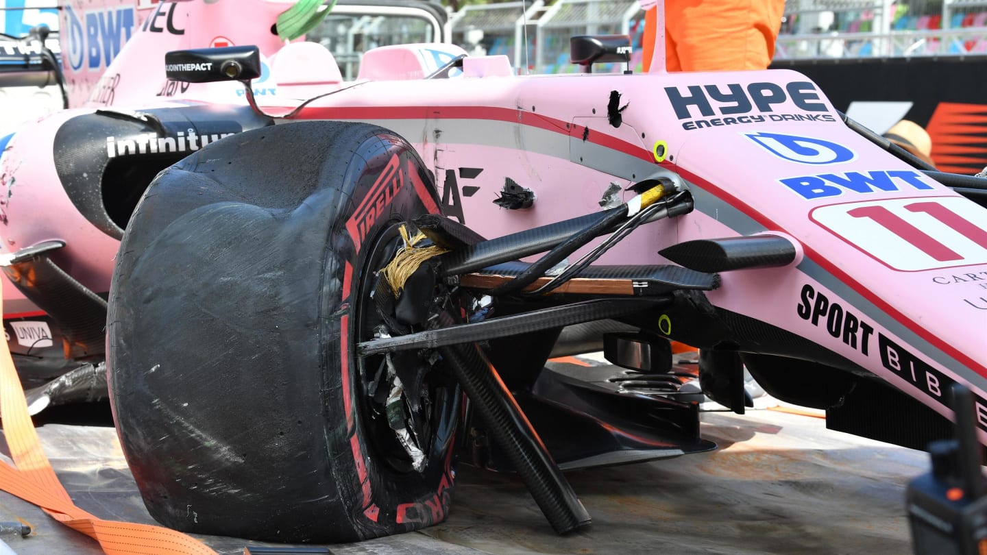 The crashed car of Sergio Perez (MEX) Force India VJM10 is recovered after FP1 at Formula One World Championship, Rd8, Azerbaijan Grand Prix, Practice, Baku City Circuit, Baku, Azerbaijan, Friday 23 June 2017. © Sutton Images