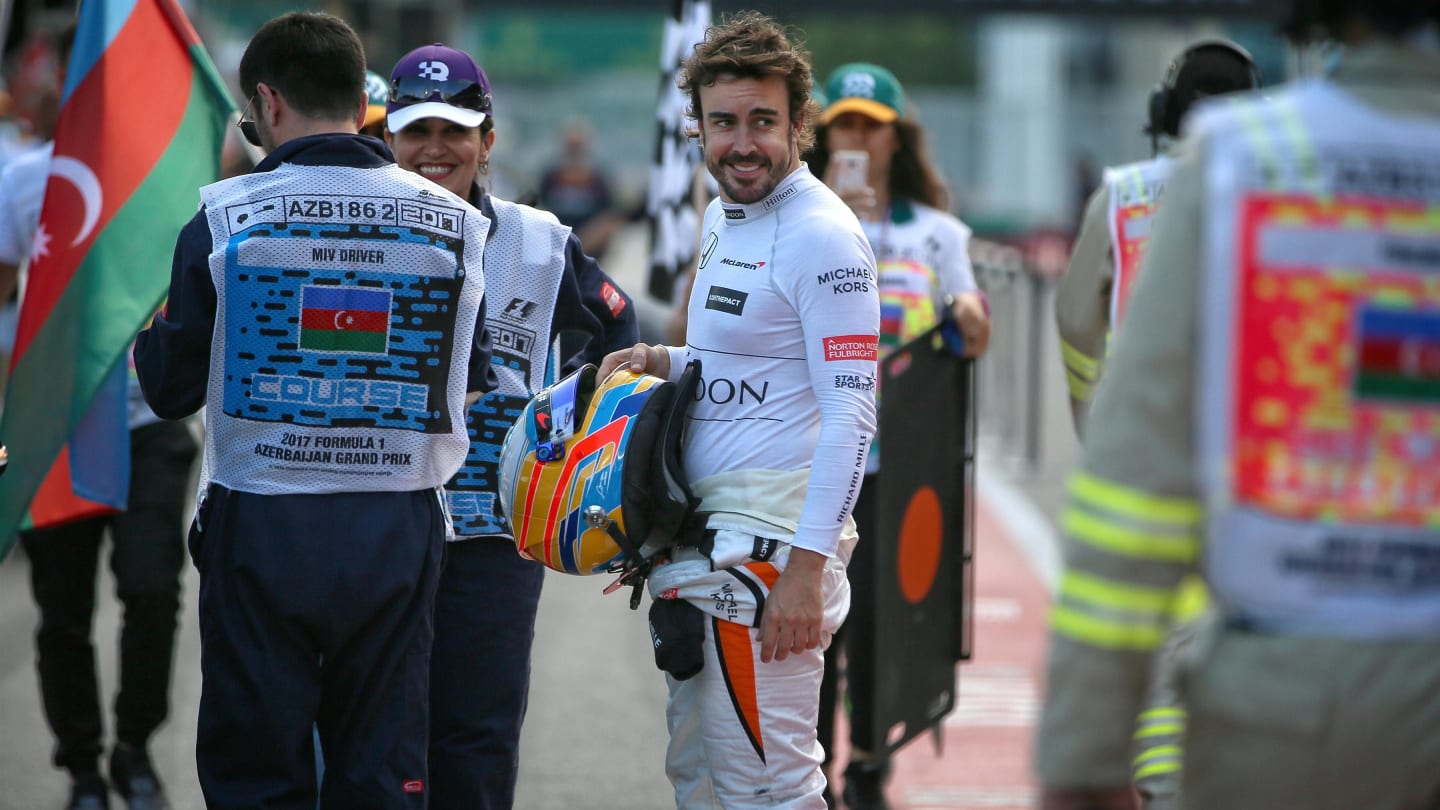 Fernando Alonso (ESP) McLaren walks in after stopping on track in FP2 Formula One World Championship, Rd8, Azerbaijan Grand Prix, Practice, Baku City Circuit, Baku, Azerbaijan, Friday 23 June 2017. © Sutton Images