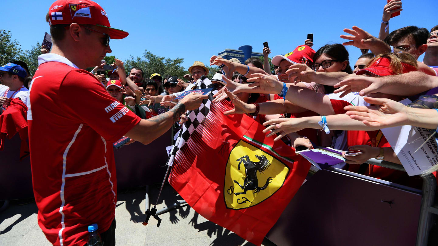 Kimi Raikkonen (FIN) Ferrari signs autographs for the fans at Formula One World Championship, Rd8, Azerbaijan Grand Prix, Qualifying, Baku City Circuit, Baku, Azerbaijan, Saturday 24 June 2017. © Sutton Images
