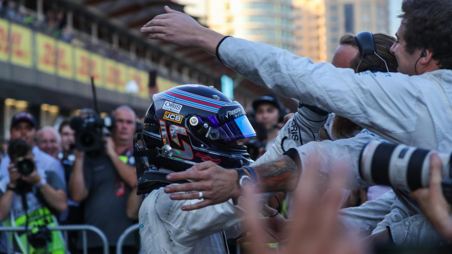 Lance Stroll (CDN) Williams celebrates in parc ferme at Formula One World Championship, Rd8,