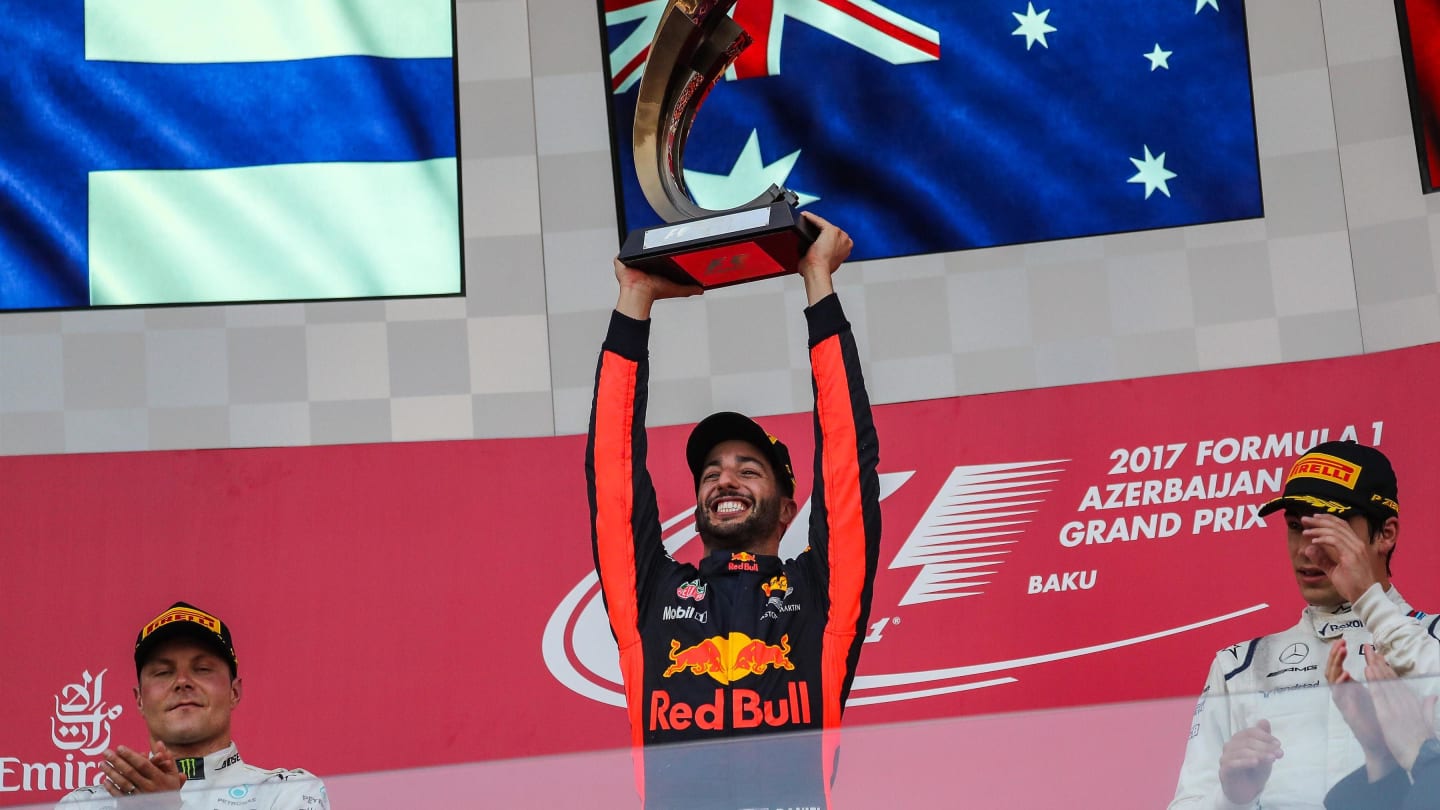 Daniel Ricciardo (AUS) Red Bull Racing celebrates on the podium at Formula One World Championship,