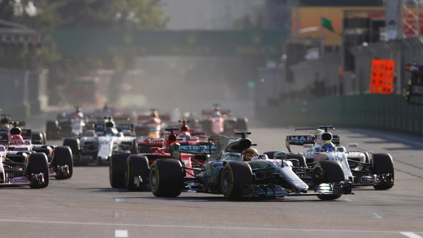 Lewis Hamilton (GBR) Mercedes-Benz F1 W08 Hybrid leads at the restart at Formula One World