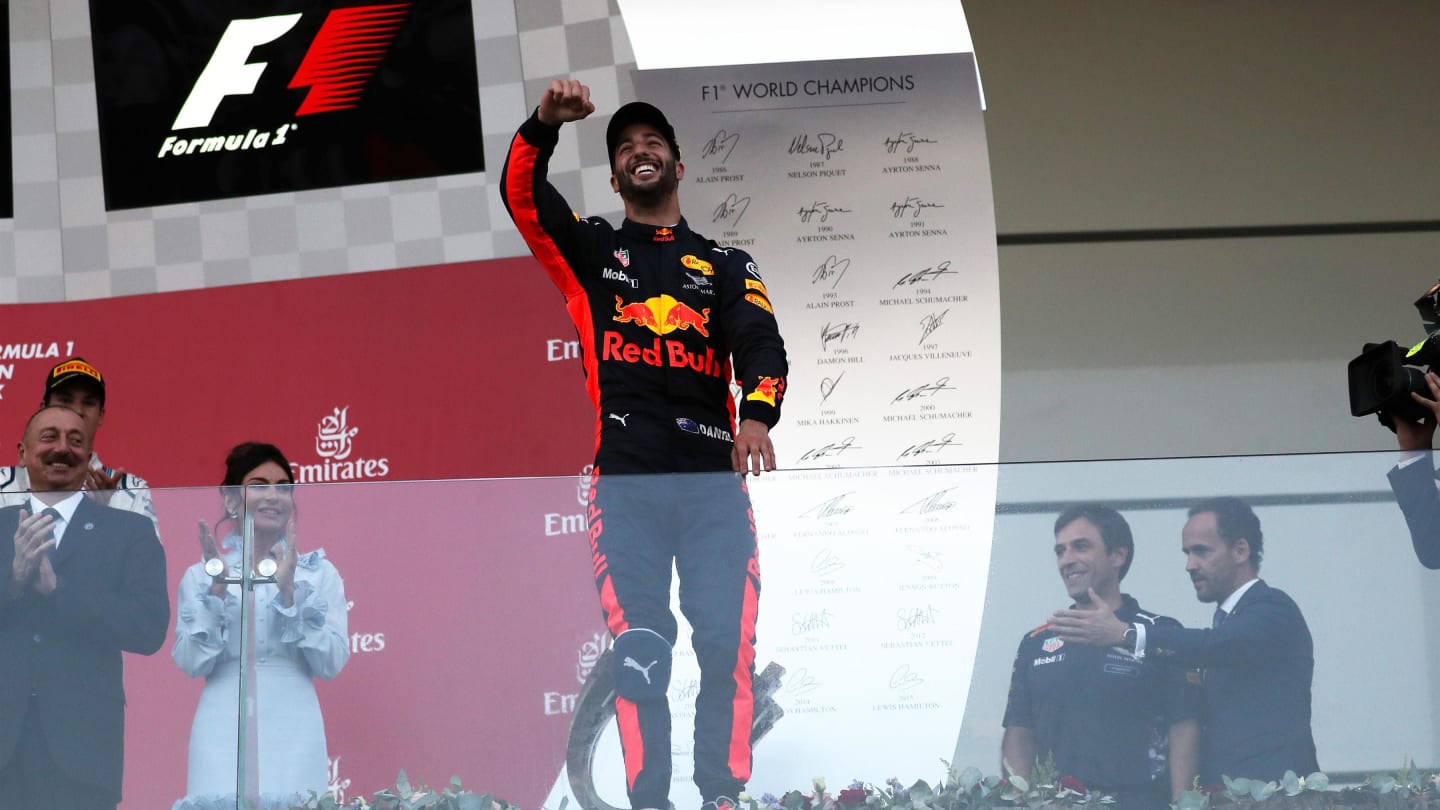 Race winner Daniel Ricciardo (AUS) Red Bull Racing celebrates on the podium at Formula One World Championship, Rd8, Azerbaijan Grand Prix, Race, Baku City Circuit, Baku, Azerbaijan, Sunday 25 June 2017. © Sutton Images