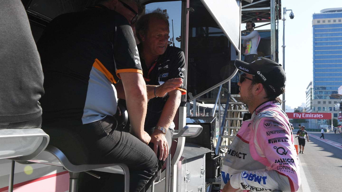 Sergio Perez (MEX) Force India talks with Robert Fearnley (GBR) Force India F1 Team Deputy Team Principal and Otmar Szafnauer (USA) Force India Formula One Team Chief Operating Officer on the pit wall gantry following his pit stop with a broken front wing at Formula One World Championship, Rd8, Azerbaijan Grand Prix, Race, Baku City Circuit, Baku, Azerbaijan, Sunday 25 June 2017. © Sutton Images
