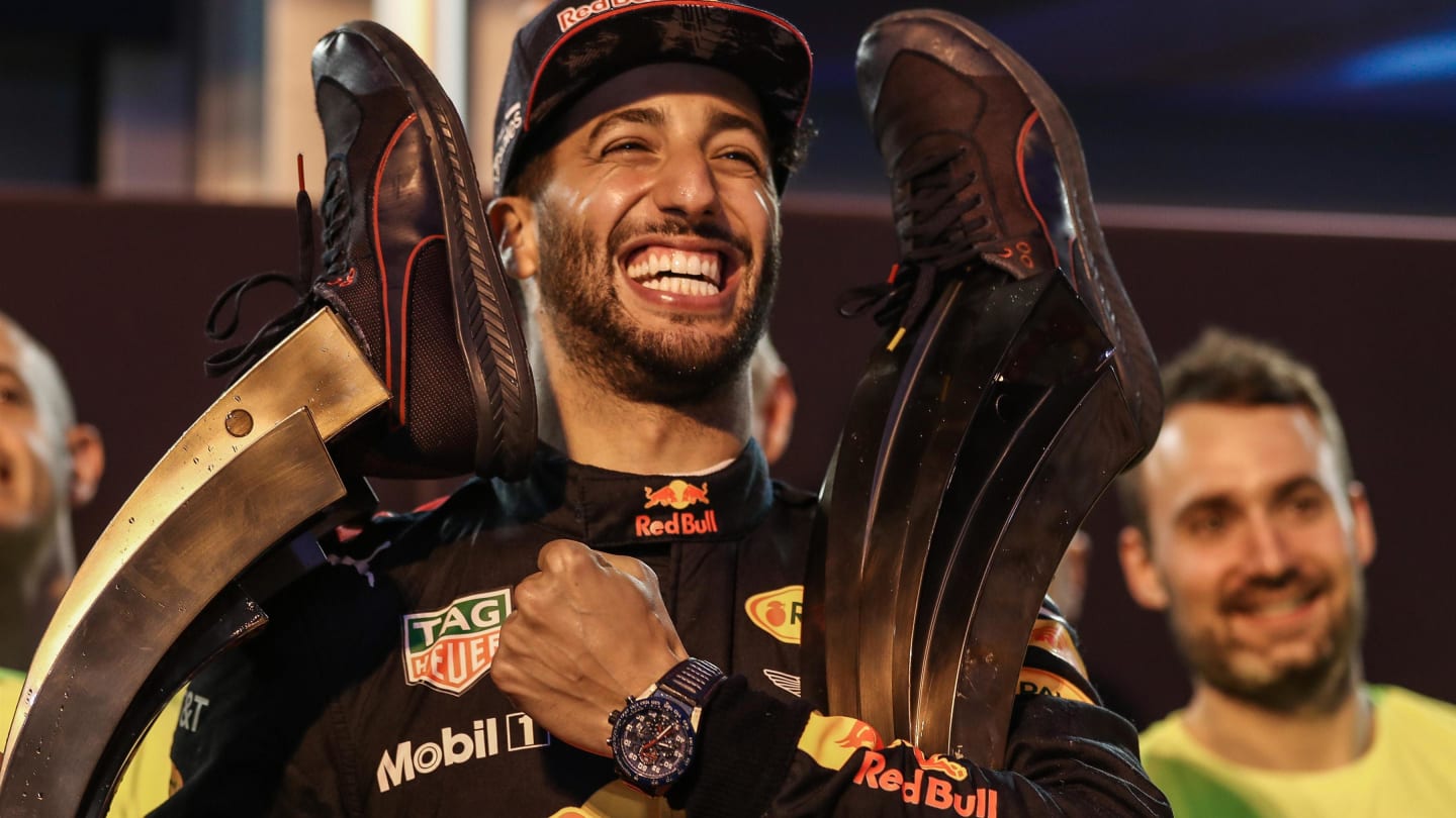 Race winner Daniel Ricciardo (AUS) Red Bull Racing celebrates with the trophies at Formula One World Championship, Rd8, Azerbaijan Grand Prix, Race, Baku City Circuit, Baku, Azerbaijan, Sunday 25 June 2017. © Sutton Images